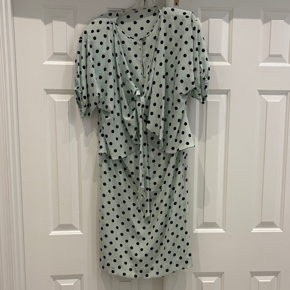 Polka Dot Mint Midi Dress with Ruffle Front